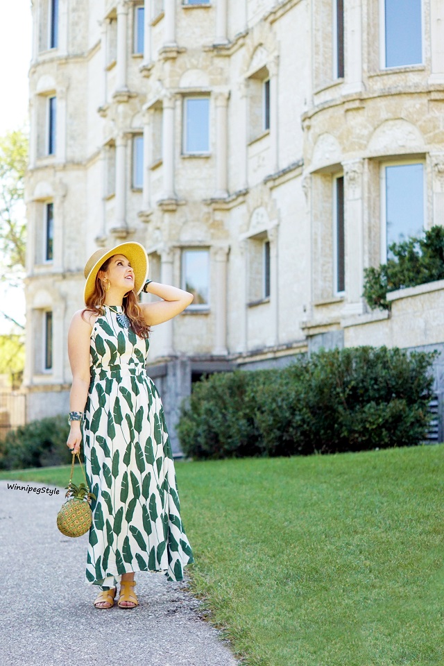 Winnipeg Style, Canadian fashion stylist, fashion blog, Chicwish palm leaf print halter maxi dress, Mary Frances beaded pineapple punch bag clutch, Sun N Sand headwear straw bow hat, Naturalizer mustard yellow leather sandals, Amrita Singh green leaf resin statement necklace, unique quirky blog, retro vintage classic style